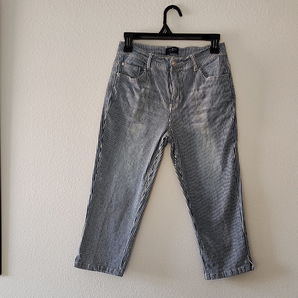 Curve Appeal Women's Striped Blue and White Cropped Jeans Size 8